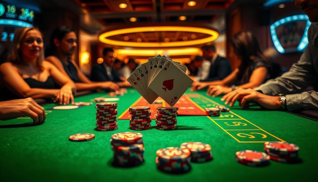 A dimly lit casino table, the green felt surface illuminated by warm, golden lighting. Sleek, modern casino chips in denominations of 1, 5, 10, and 25 are neatly stacked, awaiting the roll of the dice. A dealer's hands expertly manipulate the cards, demonstrating the flow of a Baccarat game. The table is surrounded by attentive players, their expressions a mix of concentration and anticipation. The scene evokes the thrill and strategy of the classic casino game, inviting the viewer to immerse themselves in the rules and techniques of mastering Baccarat.