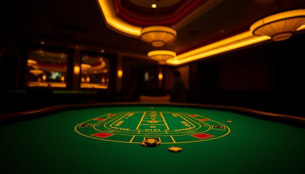 A dimly lit casino table, the green felt surface reflecting the warm glow of subtle overhead lighting. In the center, the iconic baccarat layout with its distinct sections and markings, conveying the rules and mechanics of this ancient Chinese gambling game. The table is empty, save for a few casino chips, hinting at the excitement and strategy that unfolds when players gather around it. The scene exudes a sense of anticipation, inviting the viewer to immerse themselves in the captivating world of baccarat and understand the nuances of its well-established rules.