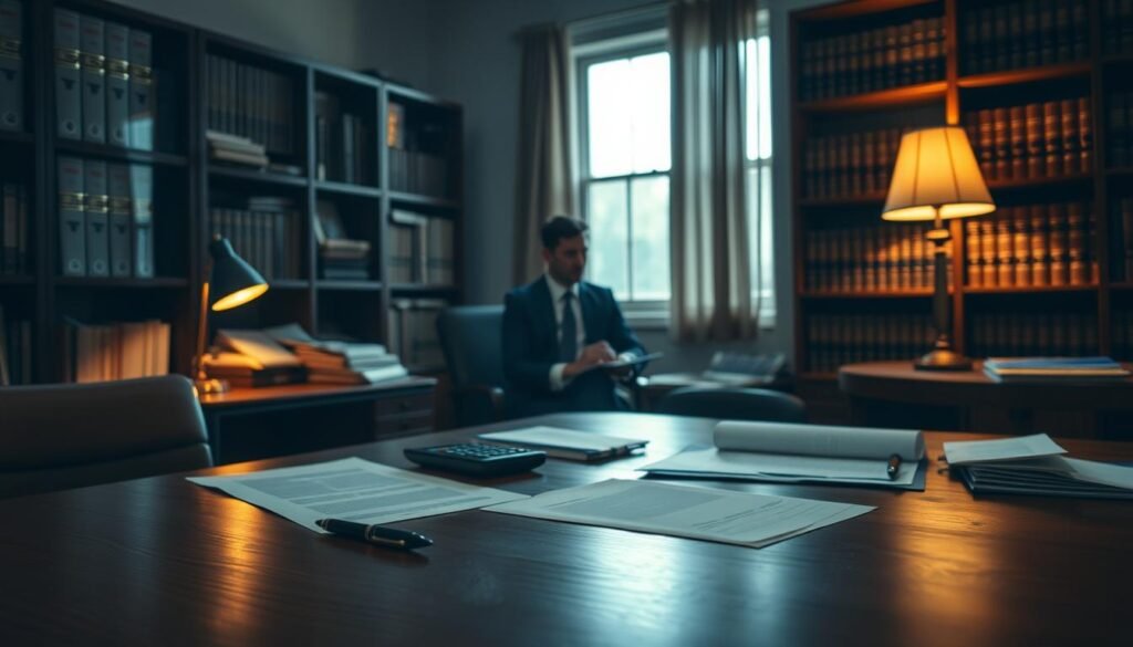 A dimly lit office interior, with a wooden desk in the foreground. On the desk, various documents, a pen, and a calculator are neatly arranged, conveying a sense of professionalism. In the middle ground, a person in formal attire is seated, engaged in conversation with another individual. The background features shelves lined with financial records and legal books, creating an atmosphere of expertise and authority. Soft, warm lighting from a desk lamp casts a subtle glow, while a window in the corner allows natural light to filter in, balancing the scene. The overall mood is one of thoughtful deliberation and attention to detail, reflecting the gravity of the private lending process.