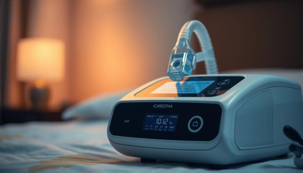 A high-quality, close-up image of an iCareCPAP sleep apnea machine against a blurred, serene background. The device is sleek and modern, with a digital display and intuitive controls. Soft, warm lighting illuminates the machine, conveying a sense of comfort and relaxation. The composition emphasizes the machine's importance, highlighting its role in providing restful, uninterrupted sleep. The image should evoke a feeling of tranquility and the vital necessity of sleep apnea treatment. A high-quality, close-up image of an iCareCPAP sleep apnea machine against a blurred, serene background. The device is sleek and modern, with a digital display and intuitive controls. Soft, warm lighting illuminates the machine, conveying a sense of comfort and relaxation. The composition emphasizes the machine's importance, highlighting its role in providing restful, uninterrupted sleep. The image should evoke a feeling of tranquility and the vital necessity of sleep apnea treatment.