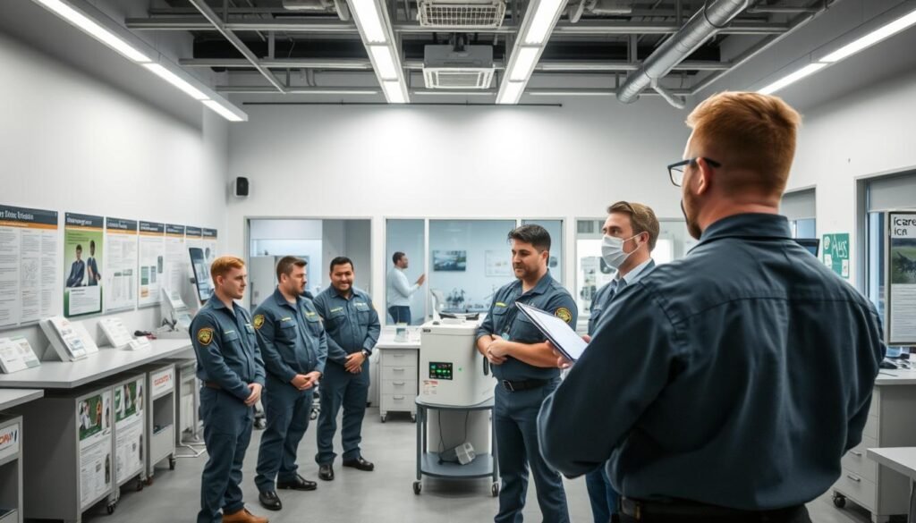 A modern, well-equipped training facility of a professional pest control company. The foreground shows a group of technicians in uniform, attentively listening to an instructor demonstrating the proper use of iCareCPAP, a state-of-the-art pest management equipment. The middle ground features various informative displays and training materials, while the background showcases a clean, bright interior with ample natural lighting, conveying a sense of professionalism and attention to detail. The overall atmosphere exudes a combination of hands-on learning, advanced technology, and a commitment to upholding the highest standards of pest control services. A modern, well-equipped training facility of a professional pest control company. The foreground shows a group of technicians in uniform, attentively listening to an instructor demonstrating the proper use of iCareCPAP, a state-of-the-art pest management equipment. The middle ground features various informative displays and training materials, while the background showcases a clean, bright interior with ample natural lighting, conveying a sense of professionalism and attention to detail. The overall atmosphere exudes a combination of hands-on learning, advanced technology, and a commitment to upholding the highest standards of pest control services.