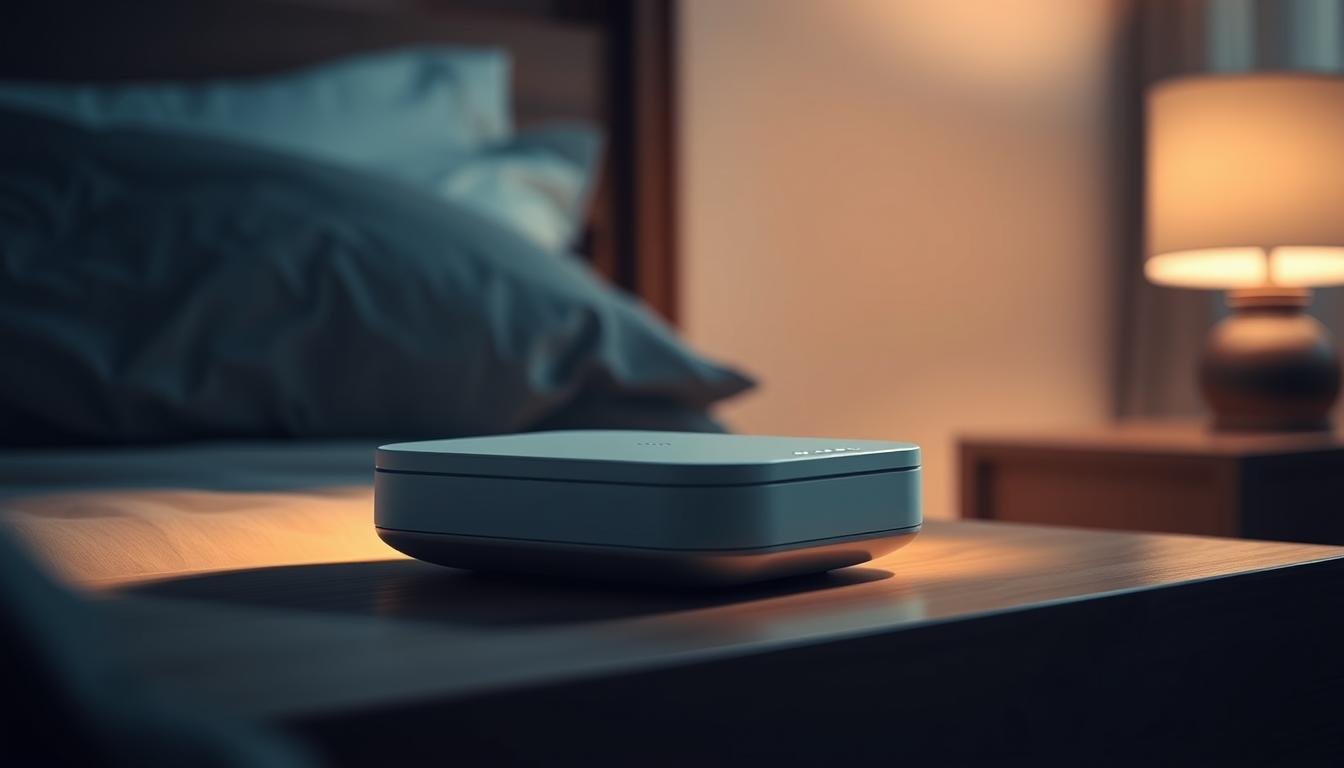 A sleek, modern iCareCPAP device rests on a bedside table, its crisp white lines and discreet LED indicators subtly illuminating the dimly lit bedroom. The device's minimalist design blends seamlessly with the serene, calming atmosphere, creating a sense of tranquility. Soft, diffused lighting from a nearby lamp casts a warm glow, highlighting the device's clean, functional aesthetic. The iCareCPAP sits atop a smooth, wooden surface, complementing the natural textures of the room. This image conveys the unobtrusive presence of the sleep apnea treatment device, designed to provide effective therapy while harmonizing with the user's personal sleep environment.