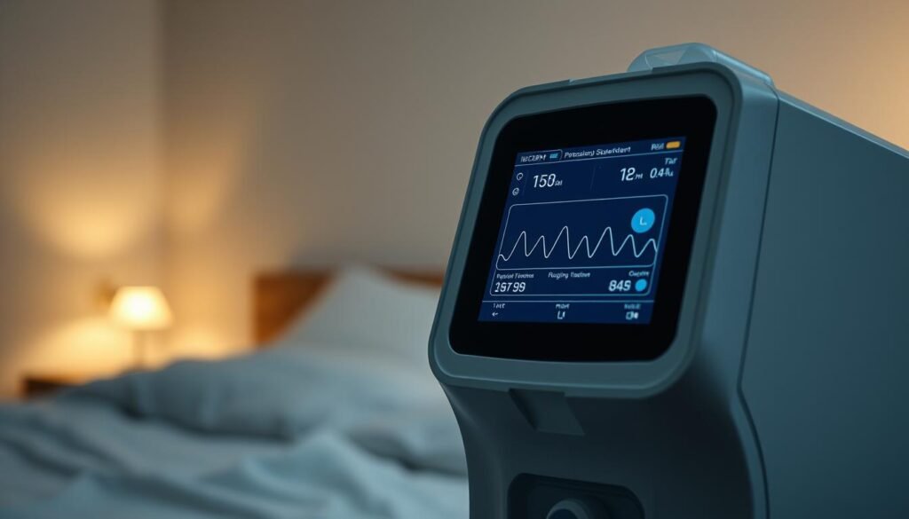 A well-lit, high-resolution close-up view of an iCareCPAP sleep apnea machine, its sleek and modern design showcasing its advanced technology. The machine's display panel clearly indicates the patient's respiratory data, including breathing patterns, oxygen levels, and overall treatment progress. The background is a serene, calming scene of a dimly lit bedroom, suggesting the restorative power of the machine's therapy. The overall composition conveys the effectiveness and reliability of the iCareCPAP system in improving sleep quality and respiratory health. A well-lit, high-resolution close-up view of an iCareCPAP sleep apnea machine, its sleek and modern design showcasing its advanced technology. The machine's display panel clearly indicates the patient's respiratory data, including breathing patterns, oxygen levels, and overall treatment progress. The background is a serene, calming scene of a dimly lit bedroom, suggesting the restorative power of the machine's therapy. The overall composition conveys the effectiveness and reliability of the iCareCPAP system in improving sleep quality and respiratory health.
