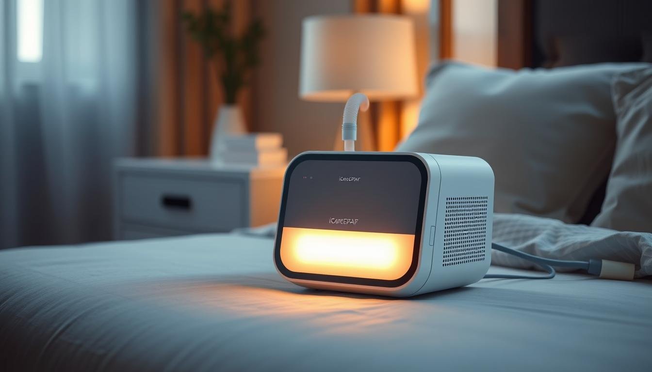 A high-resolution, photorealistic image of an iCareCPAP sleep apnea machine on a bedside table. The device has a sleek, modern design with clean lines and a minimalist aesthetic. The machine is illuminated from the front, casting a warm, soothing glow that creates a calming atmosphere. The background is softly blurred, with hints of a bedroom setting, such as a nightstand, a window, and soft, textured fabrics. The overall scene conveys a sense of comfort, rest, and the importance of quality sleep for one's health and well-being.