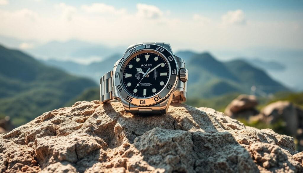 A luxurious Rolex Explorer watch prominently displayed on a textured rock surface, showcasing its iconic design features. The watch has a black dial with luminous markers and hands, emphasizing its athletic and rugged characteristics. In the background, a stunning view of Hong Kong's natural landscape unfolds, featuring lush green hills and a clear blue sky, reflecting the area's outdoor activity potential. Soft, natural sunlight highlights the watch's polished stainless steel case and bracelet, creating a captivating contrast against the earthy tones of the rocks. The composition conveys a sense of adventure and exploration, inviting the viewer to consider the watch as an ideal companion for outdoor pursuits in Hong Kong’s diverse terrain. A luxurious Rolex Explorer watch prominently displayed on a textured rock surface, showcasing its iconic design features. The watch has a black dial with luminous markers and hands, emphasizing its athletic and rugged characteristics. In the background, a stunning view of Hong Kong's natural landscape unfolds, featuring lush green hills and a clear blue sky, reflecting the area's outdoor activity potential. Soft, natural sunlight highlights the watch's polished stainless steel case and bracelet, creating a captivating contrast against the earthy tones of the rocks. The composition conveys a sense of adventure and exploration, inviting the viewer to consider the watch as an ideal companion for outdoor pursuits in Hong Kong’s diverse terrain.