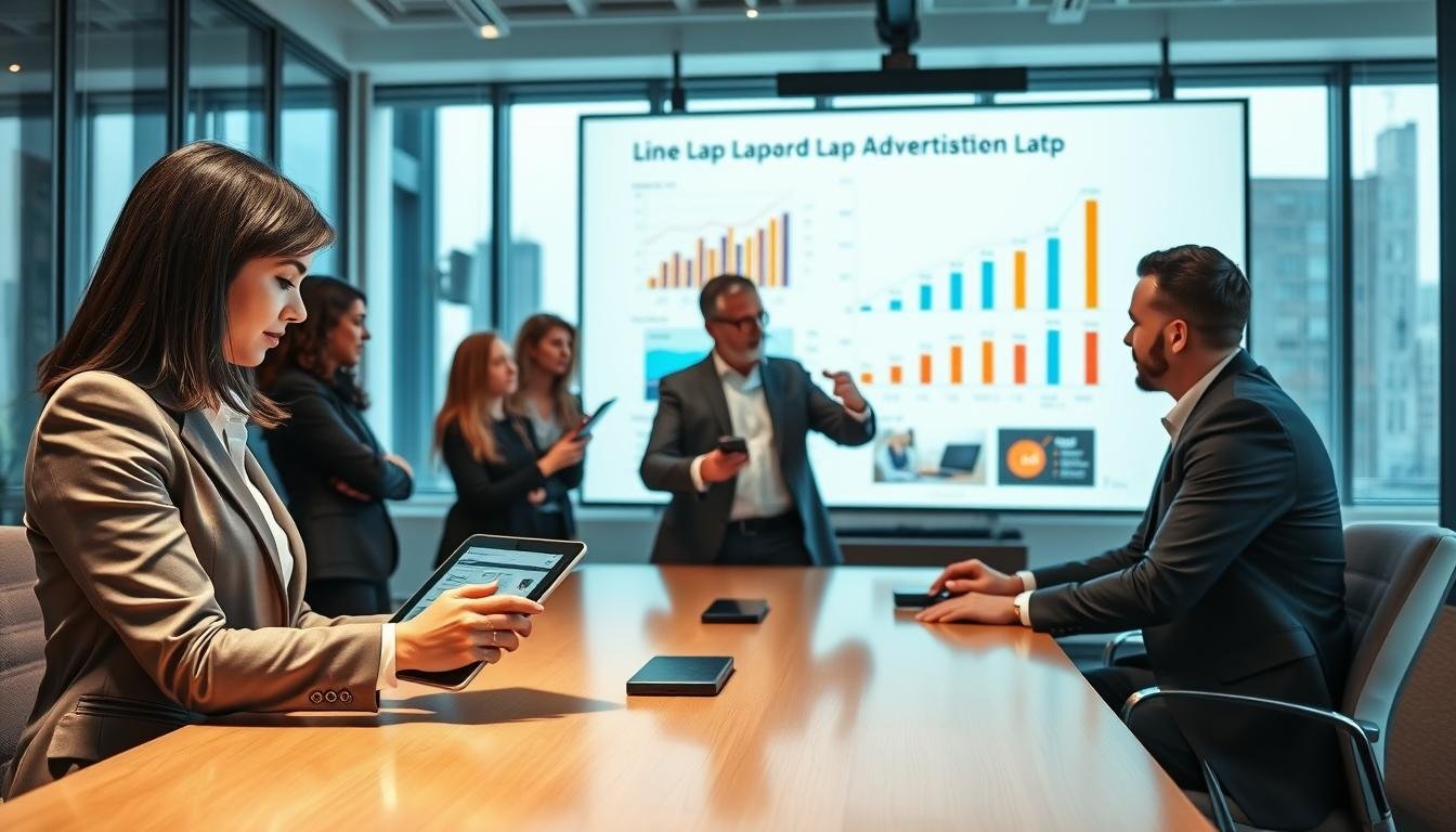A professional business setting where a diverse group of businesspeople are collaborating around a sleek conference table. In the foreground, a focused young woman in smart business attire is analyzing a digital tablet displaying line lap metrics. In the middle, two colleagues, one male and one female, are engaged in discussion, pointing at growth charts projected on a large screen showing appealing lap advertisement visuals. In the background, a modern office with large windows allowing natural light to brighten the room, creating an energetic and productive atmosphere. The lighting is soft yet bright, emphasizing motivation and teamwork. The mood is constructive and innovative, reflecting strategic marketing discussions that balance visibility and conversion.