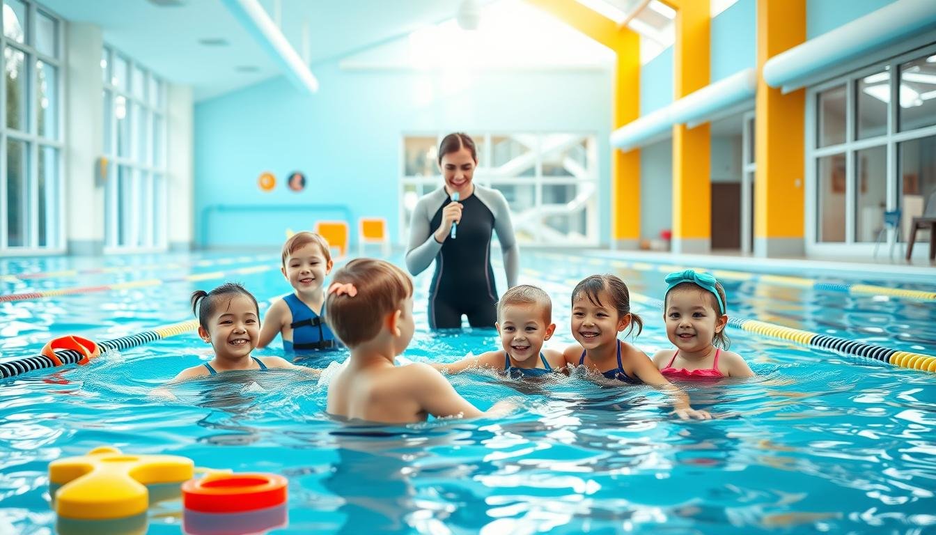 A beautifully designed indoor swimming facility, showcasing a well-lit, spacious swimming pool. In the foreground, a group of children, dressed in modest swim attire, are engaged in a swimming lesson with a qualified instructor, who is wearing a professional swimsuit and a whistle. The instructor is demonstrating a stroke technique, while the children practice in the water with smiles, under water-friendly safety gear. The middle-ground features colorful swim aids scattered around the poolside, adding to the playful atmosphere. In the background, large windows allow natural light to spill in, illuminating the vibrant colors of the facility. The overall mood is energetic and encouraging, highlighting the convenience and flexibility of the indoor swimming class environment throughout any season.