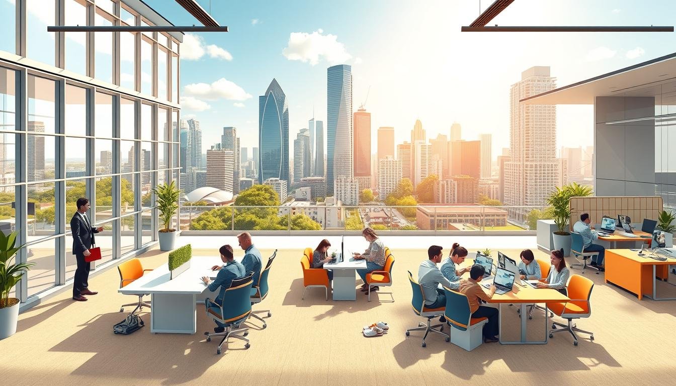 A highly detailed illustration contrasting traditional office spaces and flexible workspaces in Central's CBD. In the foreground, depict a modern traditional office with large windows, sleek furniture, and professionals in business attire engaged in meetings. In the middle ground, showcase a vibrant flexible workspace filled with collaborative areas, colorful furniture, and people working casually, dressed in smart casual attire, brainstorming together. In the background, a panoramic view of Central's skyline, emphasizing iconic skyscrapers and a bright, sunny day. Utilize natural light streaming through the windows for a warm, inviting atmosphere, with a wide-angle lens perspective to capture the spaciousness and diversity of these office environments.