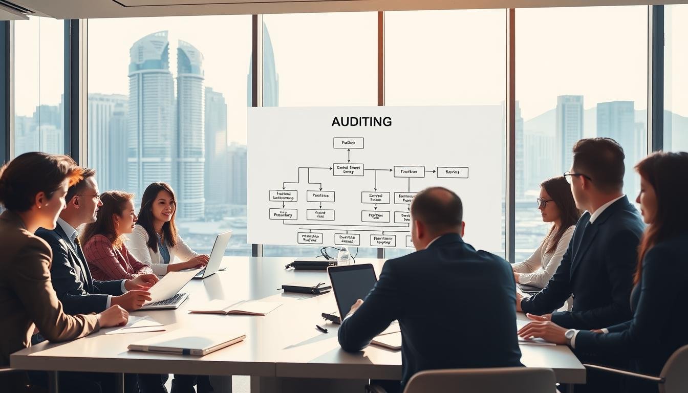 A professional business meeting scene set in a modern office environment in Hong Kong. In the foreground, a diverse group of business professionals in formal attire are engaged in a collaborative discussion around a large conference table, with documents and laptops open. In the middle ground, a large whiteboard displays a detailed flowchart illustrating the best practices for utilizing auditing services effectively. The background features large windows with a view of Hong Kong's skyline, showcasing iconic skyscrapers under bright, natural lighting. The atmosphere is focused and dynamic, capturing a sense of collaboration and strategic planning. A mix of warm and cool tones enhances the professional mood, with soft shadows adding depth to the image.