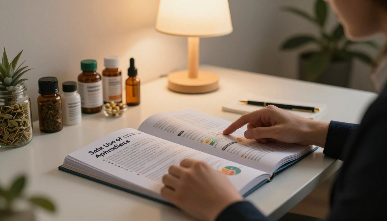 A serene and informative scene, featuring a well-organized desk with an open, illustrated guide titled “Safe Use of Aphrodisiacs.” In the foreground, a pair of hands, dressed in professional attire, points to important sections of the guide, showcasing charts and bullet points. The middle ground features a softly lit lamp casting a warm glow, with the dimly lit room creating a cozy atmosphere. In the background, various herbs and supplements are displayed neatly, emphasizing the theme of safety and caution in use. The overall mood is calm and educational, with a focus on professionalism and care. The lighting is soft and warm, evoking a sense of intimacy and trust, captured in a 4:3 aspect ratio.