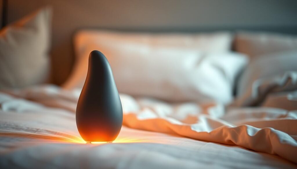 A close-up view of a high-tech, whisper-quiet vibrator designed for enhanced user comfort, prominently displayed in the foreground. The body of the device features sleek, ergonomic curves and a smooth, matte finish, focusing on innovation in noise-reduction technology. Soft ambient lighting creates a warm and inviting atmosphere, highlighting the premium quality materials used in its design. The background shows a serene bedroom setting with soft fabrics and calming colors, enhancing the relaxed mood. A subtle glow emanates from the device, suggesting a focus on user experience while ensuring discretion. The image composition suggests a sense of tranquility and sophistication, inviting viewers to explore the benefits of the silent technology.