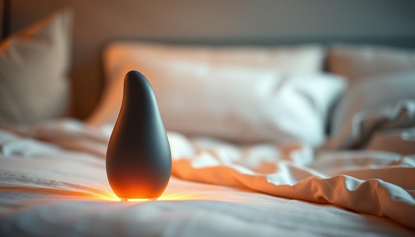 A close-up view of a high-tech, whisper-quiet vibrator designed for enhanced user comfort, prominently displayed in the foreground. The body of the device features sleek, ergonomic curves and a smooth, matte finish, focusing on innovation in noise-reduction technology. Soft ambient lighting creates a warm and inviting atmosphere, highlighting the premium quality materials used in its design. The background shows a serene bedroom setting with soft fabrics and calming colors, enhancing the relaxed mood. A subtle glow emanates from the device, suggesting a focus on user experience while ensuring discretion. The image composition suggests a sense of tranquility and sophistication, inviting viewers to explore the benefits of the silent technology.