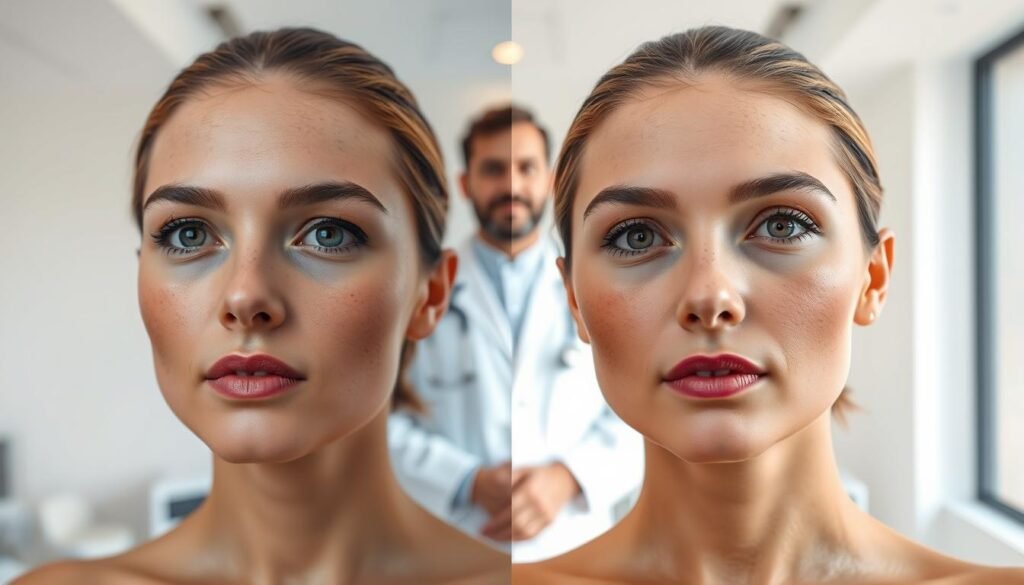 A comparative image showcasing the effects of pico laser treatment on skin discoloration. In the foreground, display two side-by-side panels: one depicting the skin before treatment, with visible dark spots and uneven tone, and the other illustrating the skin after pico laser treatment, smooth and free from blemishes. The middle section should include a softly lit dermatology clinic environment, with a focus on a professional dermatologist in modest attire, attentively monitoring the treatment process. The background features soothing, neutral colors that evoke a calming atmosphere, complemented by natural light filtering through a window. The overall mood is clinical and educational, emphasizing the effectiveness of the pico laser in skin treatment without any distractions or overlays.