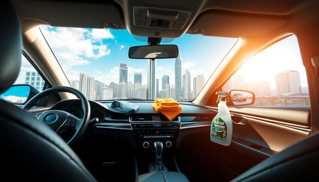 A pristine interior of a car showcasing the importance of thorough cleaning and care in Hong Kong's humid weather. In the foreground, a gleaming dashboard with well-maintained leather seats, reflecting meticulous attention to detail. The middle ground features professional cleaning tools like a vacuum, microfiber cloths, and a spray bottle, emphasizing the cleaning process. In the background, a window views the vibrant urban landscape of Hong Kong under a clear blue sky, symbolizing freshness and cleanliness. Soft, natural lighting illuminates the scene, highlighting the sheen of the surfaces and creating a warm, inviting atmosphere. The image should evoke a sense of professionalism, care, and the necessity of maintaining a clean car environment in a humid climate.