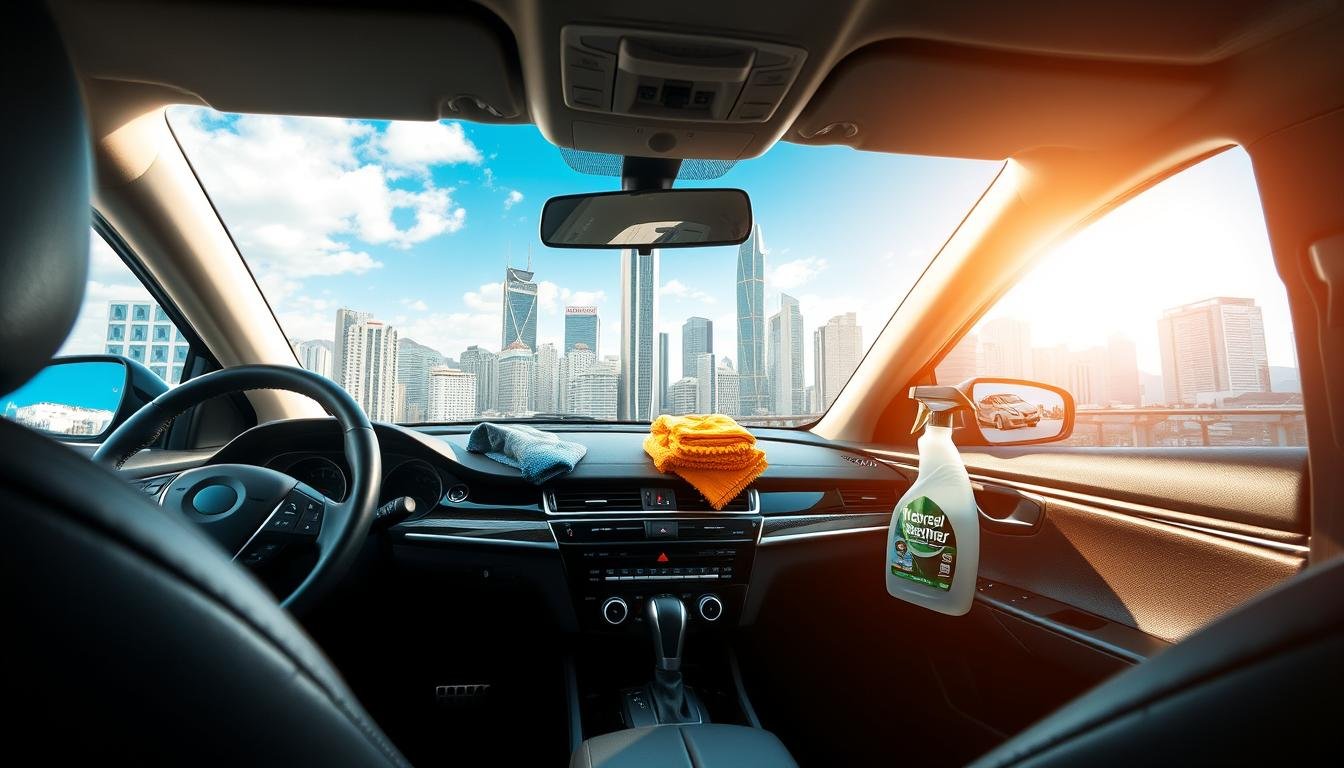 A pristine interior of a car showcasing the importance of thorough cleaning and care in Hong Kong's humid weather. In the foreground, a gleaming dashboard with well-maintained leather seats, reflecting meticulous attention to detail. The middle ground features professional cleaning tools like a vacuum, microfiber cloths, and a spray bottle, emphasizing the cleaning process. In the background, a window views the vibrant urban landscape of Hong Kong under a clear blue sky, symbolizing freshness and cleanliness. Soft, natural lighting illuminates the scene, highlighting the sheen of the surfaces and creating a warm, inviting atmosphere. The image should evoke a sense of professionalism, care, and the necessity of maintaining a clean car environment in a humid climate.