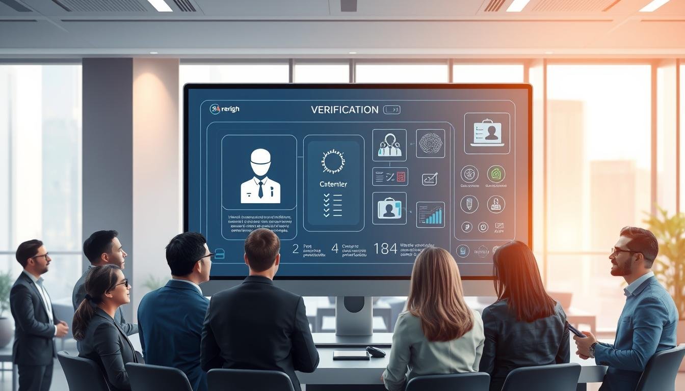 A detailed illustration of the "3A" entertainment platform's identity verification process. In the foreground, a professional environment featuring a diverse group of individuals in business attire, engaged in discussions around a digital verification platform on a sleek computer screen. In the middle ground, a high-tech verification interface displaying clear visuals of identity forms, biometric scans, and data security icons. The background showcases a modern office setting with soft, ambient lighting emanating from large windows, conveying a sense of trust and security. The mood is serious yet optimistic, highlighting the importance of compliance and fraud prevention in online entertainment. Use a wide-angle perspective to capture the entire process effectively.