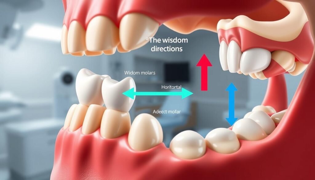A detailed illustration of the growth directions of wisdom teeth, showing three perspectives: a side view, a top view, and an angled view. The focus should be on the impacted wisdom teeth, one growing horizontally and another vertically, with clear anatomical labels for each tooth. The foreground features a highly realistic close-up of a jaw with teeth, emphasizing the wisdom teeth's relationship to adjacent molars. The middle section includes informative color-coded arrows demonstrating the growth directions, while the background presents a soft-focus dental clinic environment with gentle lighting for a clinical yet calm ambiance. The image should convey clarity and educational value without any text, ensuring it is professional and suitable for a medical article.