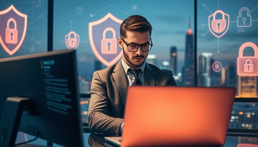 A modern digital environment focused on account privacy protection for high-net-worth business users. In the foreground, a sleek, sophisticated computer setup displaying encrypted data on the screen, glowing softly. The middle ground features a stylish, professional-looking business person in formal attire, intently reviewing data privacy measures, with a confident and focused expression. In the background, abstract representations of online security, such as digital shields and secure locks, intertwine with a futuristic city skyline, softly illuminated at dusk. The lighting is warm yet cool-toned, creating a sense of safety and professionalism. The mood is serious and empowering, emphasizing the importance of privacy in a digital entertainment space.