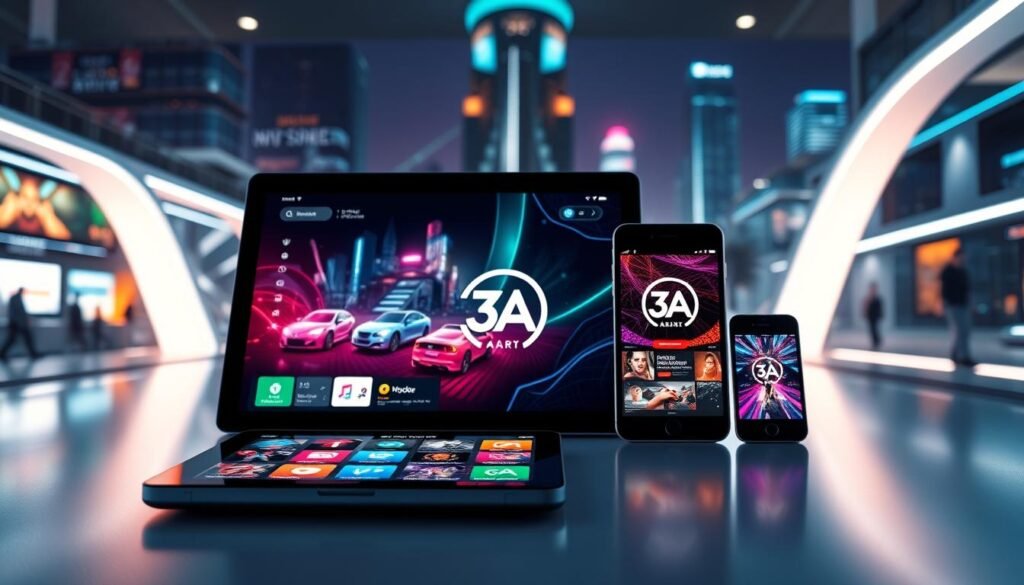 A sleek and modern digital workspace representing the interactive elements of the 3A brand. In the foreground, a user-focused interface displays visually appealing icons and dynamic content tiles, designed for enhanced usability and engagement. The middle ground features smart devices like tablets and smartphones showcasing the 3A logo, surrounded by vibrant, energetic colors that suggest an immersive gaming experience. The background is a futuristic cityscape with elegant lighting and a technological vibe, reflecting innovation. Soft, ambient lighting accentuates the clean lines and smooth textures of the design, emphasizing interaction and accessibility. The atmosphere is professional yet inviting, capturing the essence of modern web design for optimal user experience.