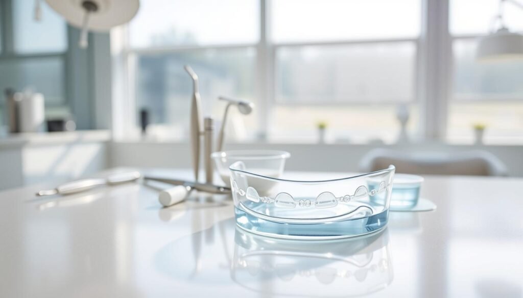 A close-up view of a modern, transparent Invisalign aligner resting on a pristine dental countertop. In the foreground, the aligner is prominently displayed, showcasing its sleek design and crystal-clear material, with reflections hinting at its smooth surface. In the middle ground, a set of polished dental tools and a small bowl of mouthwash are arranged neatly, indicating an environment of oral care. The background features softly blurred images of a dental clinic, with bright natural lighting filtering through large windows, creating a clean and hygienic atmosphere. The overall mood is serene, emphasizing cleanliness and dental health. The image captures the essence of how Invisalign promotes oral hygiene with its easy-to-clean design, without any text or distractions.