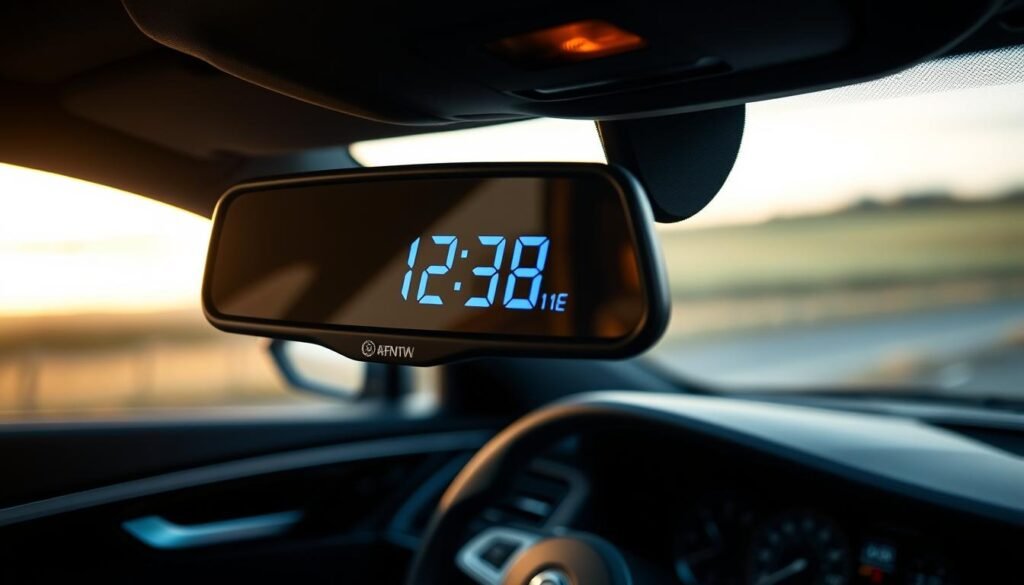 A close-up view of a sleek car's electronic rearview mirror displaying the time with a digital readout that appears slightly misaligned with a clock on the dashboard. The interior of the car features a modern design, with soft ambient lighting that highlights the controls and dashboard. In the background, the blurred image of a window shows a serene drive through a countryside road, adding depth to the scene. The focus should convey a sense of clarity and precision, showcasing the importance of time synchronization for vehicle safety. The mood is informative and professional, suitable for an automotive safety theme. Ensure there are no people in the frame.