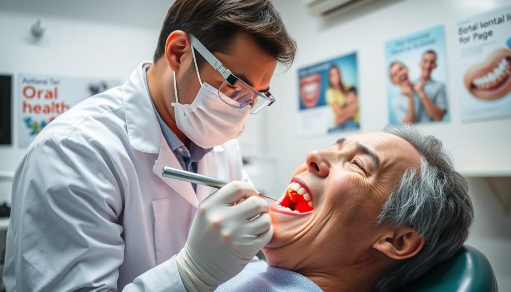 A dental clinic setting where a dentist conducts a periodontal examination on a patient. In the foreground, the dentist, wearing a white coat and protective eyewear, is examining the patient's gums with specialized dental instruments. The patient, a middle-aged individual in casual but modest clothing, appears attentive and slightly anxious. In the middle ground, dental tools and a dental chair are visible, showcasing the clean, organized environment of the clinic. In the background, there are posters about oral health and dental hygiene. The lighting is bright and clinical, reflecting an atmosphere of professionalism and care. The angle is slightly tilted downwards, focusing on the interaction between the dentist and the patient, creating a sense of intimacy and urgency in the examination process.
