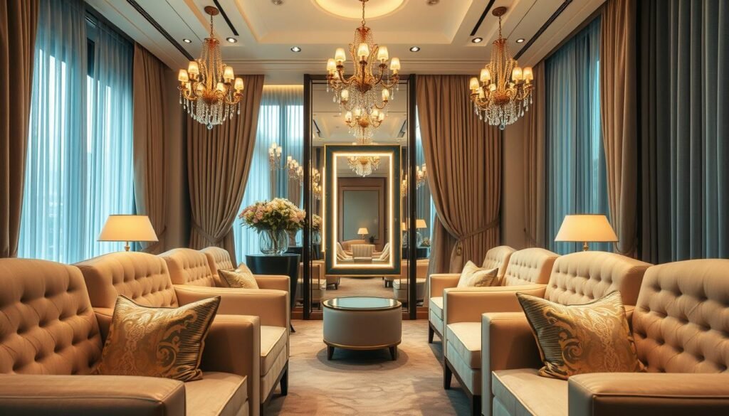 A luxurious Taipei gown boutique interior design, featuring a sophisticated private dressing room. In the foreground, there are elegant, plush seating arrangements in soft pastel colors adorned with decorative cushions. The middle ground showcases a well-lit mirror surrounded by warm, ambient lighting, enhancing the space’s opulence. In the background, delicate drapes frame large windows, allowing soft natural light to enter, complemented by strategically placed chandelier fixtures emitting a gentle glow. The overall atmosphere should evoke a sense of refinement and warmth, with a focus on a harmonious blend of modern luxury and traditional elements, ideal for welcoming business clientele. The scene should be captured with a soft focus lens to enhance the intimate mood.