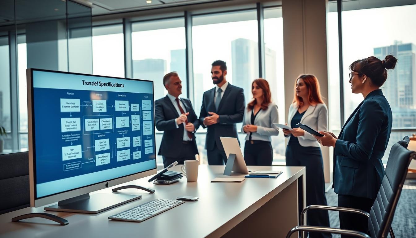 A modern office workspace featuring a sleek digital interface showcasing a "3A Online Banking Transfer System Specification". In the foreground, a clean and organized desk with a high-resolution monitor displaying flowcharts and data points related to the specifications. In the middle, a professional, diverse group of individuals in business attire engaged in discussion, with one pointing at the screen while another takes notes. The background includes a large window with natural light streaming in, highlighting a city skyline. Soft shadows enhance the depth of the scene, with warm and inviting lighting creating a collaborative atmosphere. The image emphasizes professionalism, technology, and teamwork, capturing the essence of online banking system standards.