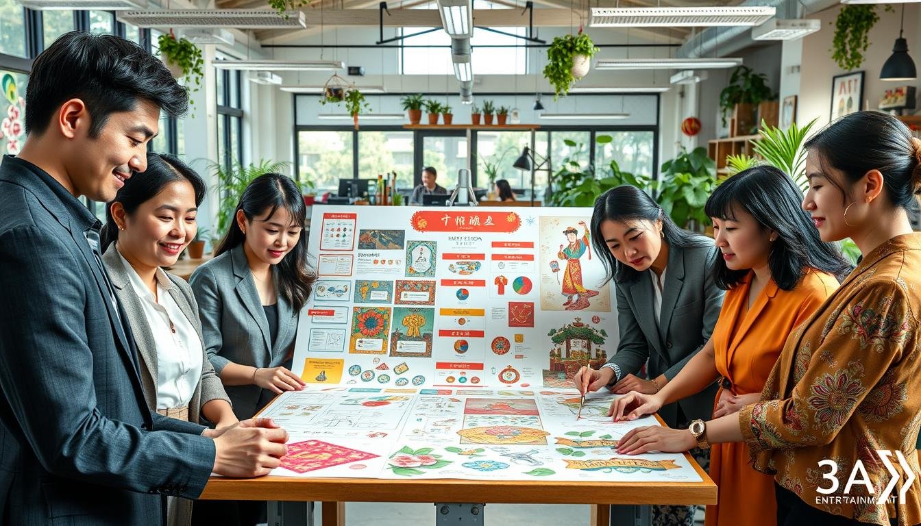 A professional art and design team at 3A Entertainment, focused on creating vibrant and unique visuals for traditional Taiwanese festivals. In the foreground, depict a diverse group of artists, both male and female, dressed in stylish yet modest business attire, collaborating around colorful sketches that showcase limited edition interface designs inspired by local culture. In the middle, show a large, intricate mood board rich with textures, colors, and elements symbolizing Taiwanese heritage, including floral patterns and cultural motifs. In the background, a bright and dynamic office space filled with natural light, featuring plants and creative tools. The atmosphere should be energetic and collaborative, reflecting teamwork and creativity, captured with a wide-angle lens to encompass the vibrant workspace.