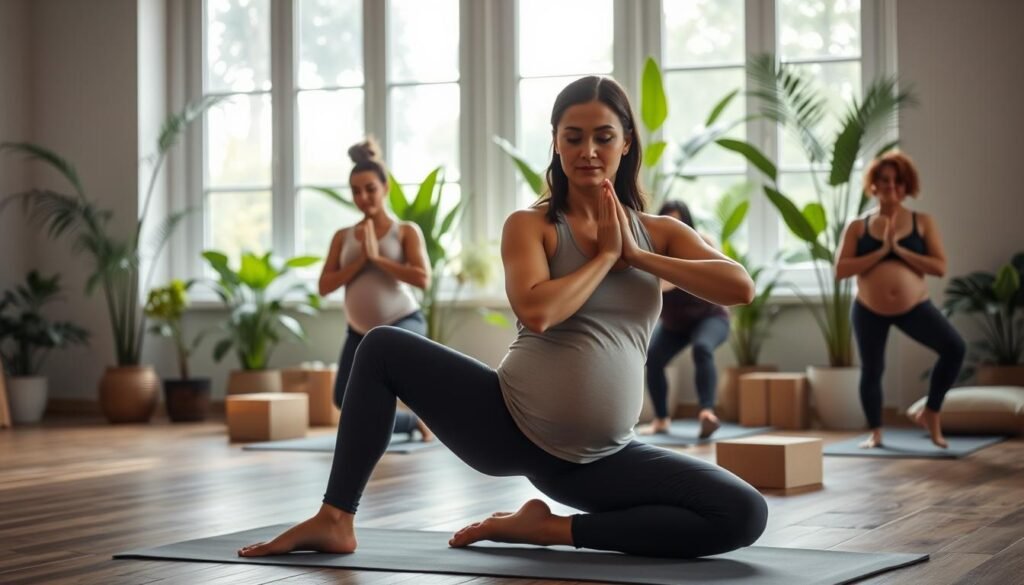 A serene indoor setting showcasing a group of diverse mothers participating in postnatal pelvic floor exercises. Foreground features a woman practicing a gentle yoga pose on a mat, wearing comfortable, modest athletic clothing. In the middle ground, two additional mothers are performing pelvic tilts, demonstrating focus and determination, surrounded by soft exercise props like blocks and cushions. Background includes large windows with natural light streaming in, illuminating lush plants to create a calming atmosphere. The scene is shot from a slightly elevated angle, capturing the camaraderie and support among the mothers, emphasizing the importance of community and physical wellness in postnatal recovery. Warm, inviting colors enhance the mood, reflecting positivity and strength.