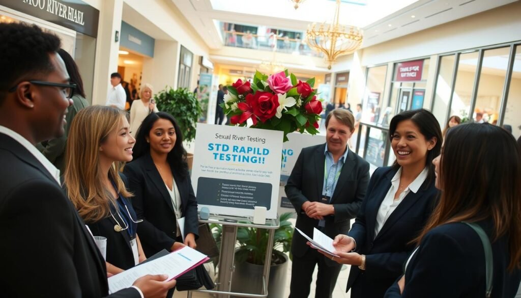 A vibrant scene inside Moon River Mall showcasing a professional, well-organized sexual health testing service. In the foreground, friendly healthcare professionals in smart business attire are engaging with a diverse group of individuals receiving information about STD rapid testing. The middle ground features clear signage promoting the service, surrounded by tasteful decorations that convey a welcoming atmosphere. In the background, shoppers can be seen enjoying the mall's amenities, creating a lively yet respectful environment. Soft, natural lighting fills the space, highlighting the professionalism of the healthcare workers and the comfort of the testing area. The overall mood is one of empowerment and awareness, emphasizing community health and accessibility.