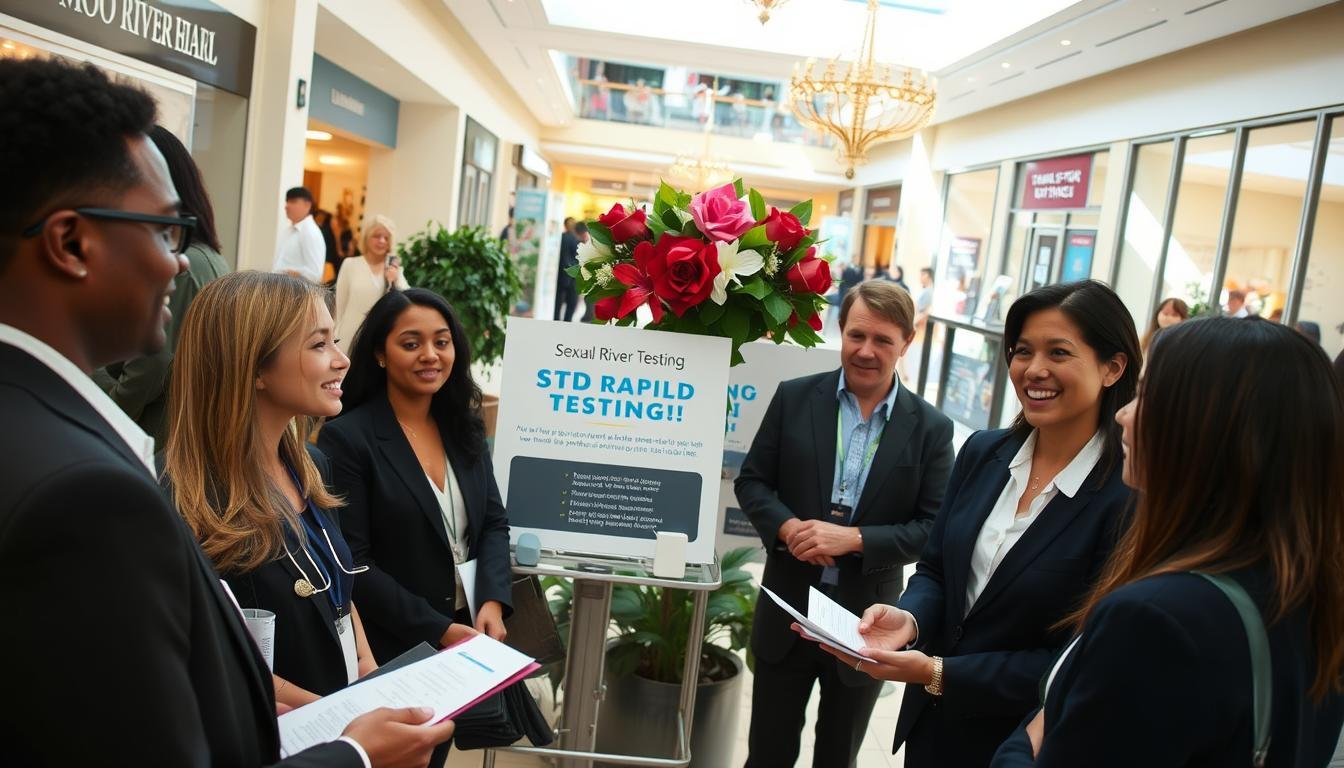 A vibrant scene inside Moon River Mall showcasing a professional, well-organized sexual health testing service. In the foreground, friendly healthcare professionals in smart business attire are engaging with a diverse group of individuals receiving information about STD rapid testing. The middle ground features clear signage promoting the service, surrounded by tasteful decorations that convey a welcoming atmosphere. In the background, shoppers can be seen enjoying the mall's amenities, creating a lively yet respectful environment. Soft, natural lighting fills the space, highlighting the professionalism of the healthcare workers and the comfort of the testing area. The overall mood is one of empowerment and awareness, emphasizing community health and accessibility.