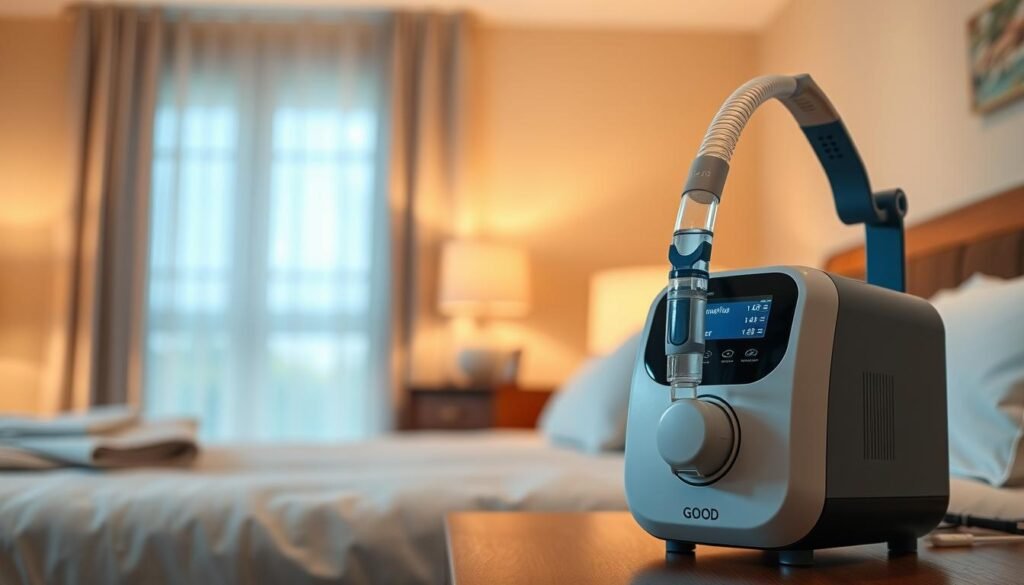A well-designed Good CPAP machine displayed prominently in the foreground, showcasing its sleek, modern design with a user-friendly interface. The device is seen from a slightly elevated angle, allowing viewers to appreciate its features like an easy-to-read display and ergonomic shape. In the middle ground, a soft focus on a comfortable, cozy bedroom setting, with a neatly made bed and calming nightstand ambience, enhances the homey feel. The background features warm lighting, creating a serene atmosphere conducive to restful sleep, with soft curtains gently billowing. Emphasize a sense of reliability and comfort, illustrating the CPAP machine as an essential tool for healthy breathing during sleep. No human subjects included in the image.