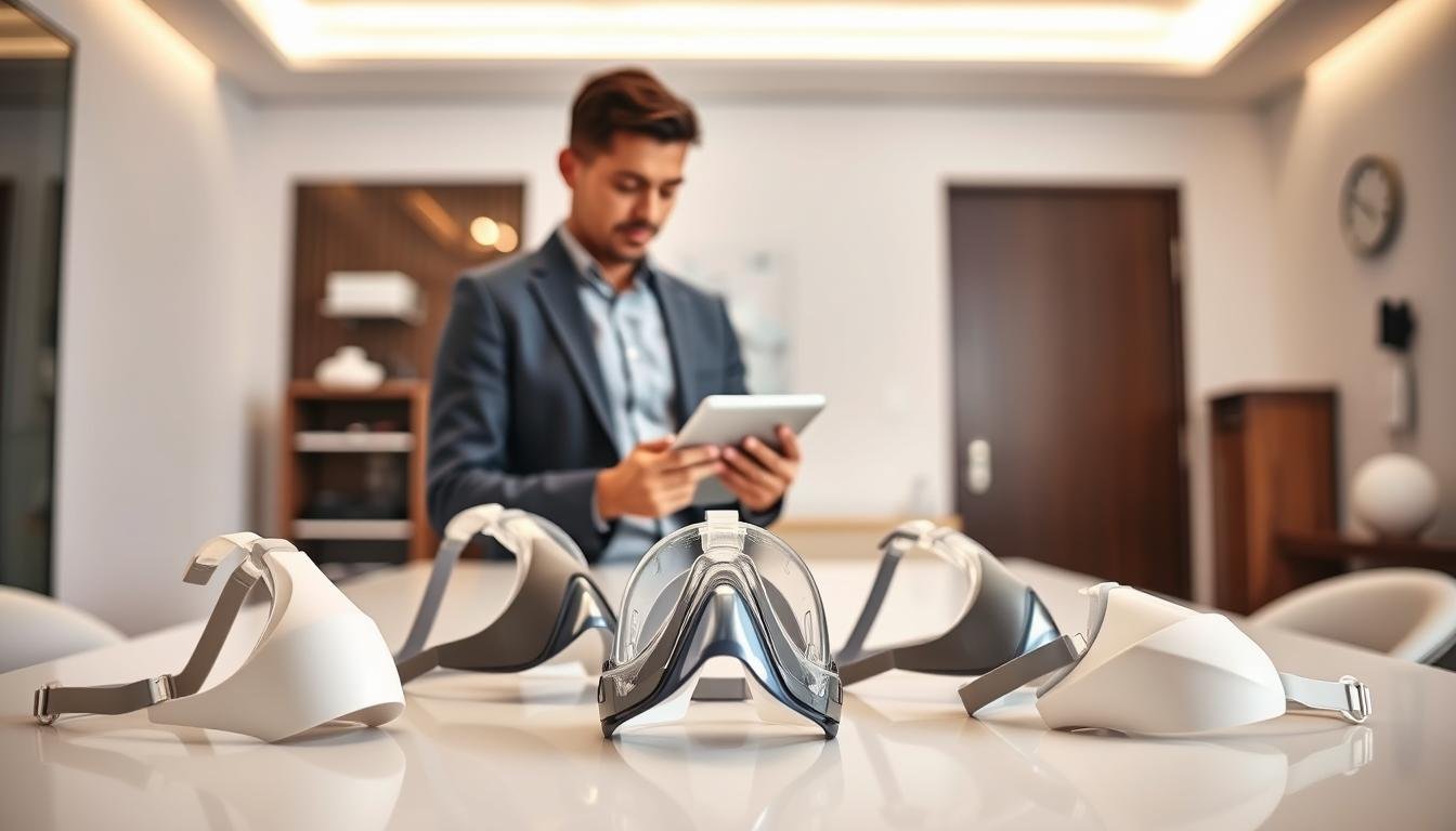 A well-lit, professional setting showcasing a selection of sleep apnea masks. In the foreground, a variety of masks made from different materials—soft silicone, breathable fabric, and sturdy plastic—are elegantly arranged on a sleek, modern table. In the middle, a thoughtful healthcare professional in smart casual attire analyzes the masks, using a tablet to compare features. The background features a clean, minimalistic clinic environment with soft, diffused lighting, emphasizing a sense of calm and trust. The atmosphere reflects the importance of making an informed choice for better sleep quality, with a focus on professionalism and the importance of mask material in therapy effectiveness.