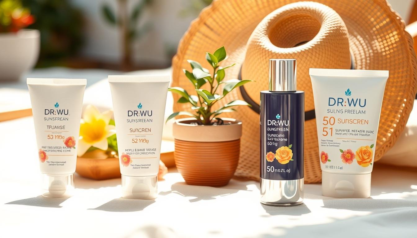 A beautifully arranged flat lay of DR.WU sunscreen products on a soft, sunlit surface. In the foreground, prominently feature the sunscreen tubes and bottles, showcasing their elegant packaging with floral accents. In the middle background, place a small potted plant and a stylish wide-brimmed hat, emphasizing a relaxed, summer vibe. The background should be softly blurred, hinting at a serene outdoor setting, perhaps a garden or patio. Use natural lighting to create a warm, inviting atmosphere that conveys safety and relaxation. The overall mood should be calming and reassuring, suitable for a guide on safe sun protection for expectant mothers. Focus on a lifestyle aesthetic, avoiding any human subjects.