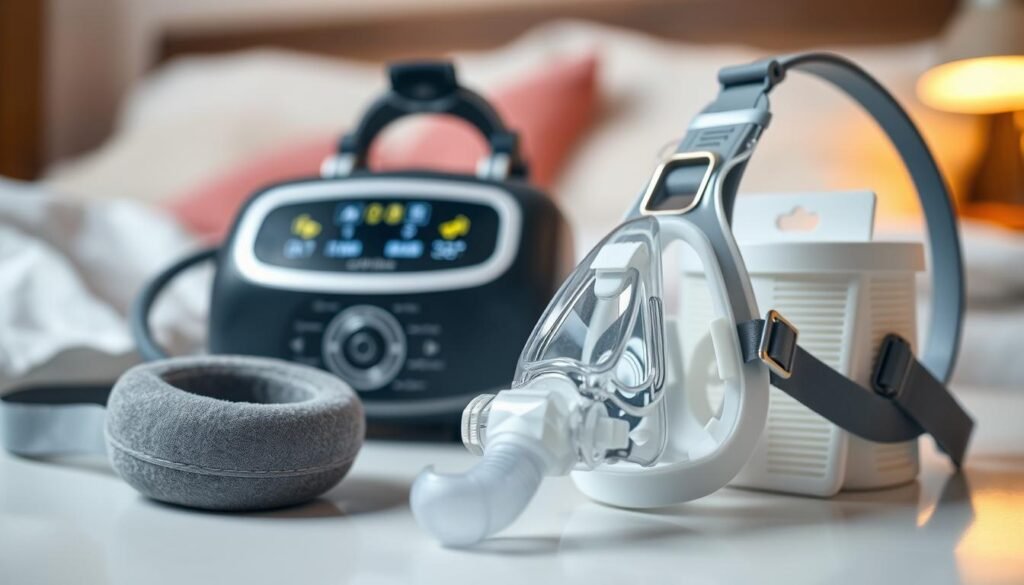 A close-up composition of essential sleep apnea machine accessories, including a nasal mask, headgear, and filters, arranged neatly on a clean, white surface. The foreground should feature the intricate details of the mask’s cushioning and straps, showcasing their texture. In the middle ground, include a compact CPAP machine with illuminated settings, hinting at its functionality. The background can be softly blurred, incorporating hints of a cozy bedroom atmosphere, with warm lighting that creates a calming effect. Aim for a professional look that conveys both care and hygiene, emphasizing the importance of regular maintenance and replacement of these vital components. The overall mood should be informative and reassuring, encouraging good health practices for improved sleep.
