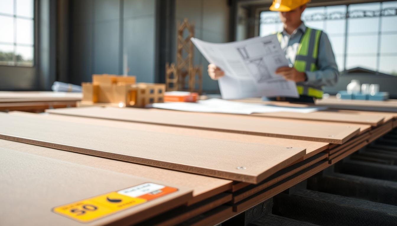 A close-up view of flat roofing sheets arranged neatly on a construction site, showcasing compliance standards. In the foreground, a set of roofing sheets with labels indicating fire safety ratings and compliance stickers. The middle ground features a blueprint and a building model, symbolizing architectural planning and compliance. In the background, a construction worker in professional attire examines the documents, emphasizing the importance of safety standards. The lighting is bright and natural, casting soft shadows, creating a professional atmosphere. The angle is slightly elevated, capturing both the sheets and the worker's focused expression, conveying a sense of diligence and adherence to compliance in a safe and structured environment.
