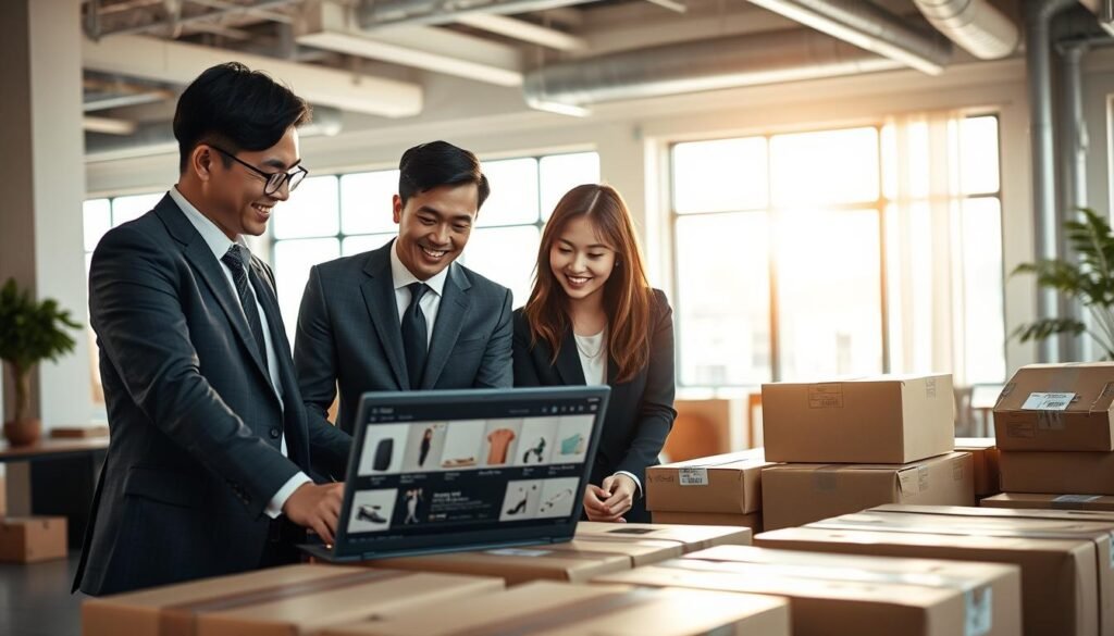 A dynamic setting showcasing an American purchasing service tailored for Taiwanese consumers. In the foreground, three well-dressed professionals, a man and two women, are engaged in a discussion over a laptop, displaying screenshots of products from American stores. Their expressions convey trust and excitement. The middle ground features carefully organized packages and shipping materials, highlighting the efficiency and reliability of the service. In the background, a bright office environment with large windows letting in soft, natural light, adding warmth and openness to the scene. The atmosphere is optimistic and business-focused, portraying the concept of reliable purchasing recommendations and streamlined operations. Use a wide-angle lens to capture the entire scene, emphasizing the collaboration and professionalism of the setting.