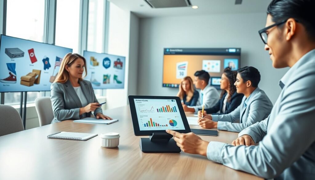 A professional and informative scene depicting a group of diverse individuals gathered around a modern conference table, engaged in a problem-solving workshop focused on common issues during the American purchasing process. In the foreground, a confident woman in smart business attire is pointing at a digital tablet displaying graphs and charts. In the middle ground, diverse team members are taking notes and sharing ideas, with visuals of American products and e-commerce platforms on screens in the background. Soft, natural light filters through large windows, creating a collaborative atmosphere. The setting is sleek and contemporary, emphasizing teamwork and efficiency in resolving purchasing challenges. The overall mood is positive and proactive, highlighting solutions and communication.