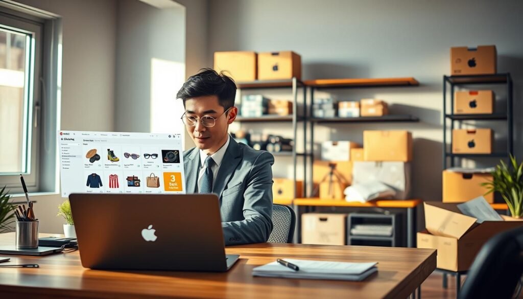 A vibrant, professional workspace scene illustrating the process of handling "美國代購" (U.S. purchasing agency) orders. In the foreground, a focused individual in business attire is engaged with a laptop, reviewing a user-friendly interface of the Smilelong platform, showcasing a sleek design with product images and payment options. In the middle, a neatly arranged desk adorned with U.S. products, such as electronics and fashion accessories, invites instant interest. The background features shelves stocked with packages ready for shipping, highlighting the logistics aspect of the business. Soft, natural lighting streams in from a nearby window, casting gentle shadows and creating a warm, inviting atmosphere. Capture the essence of a modern, efficient online shopping experience, emphasizing professionalism and accessibility.