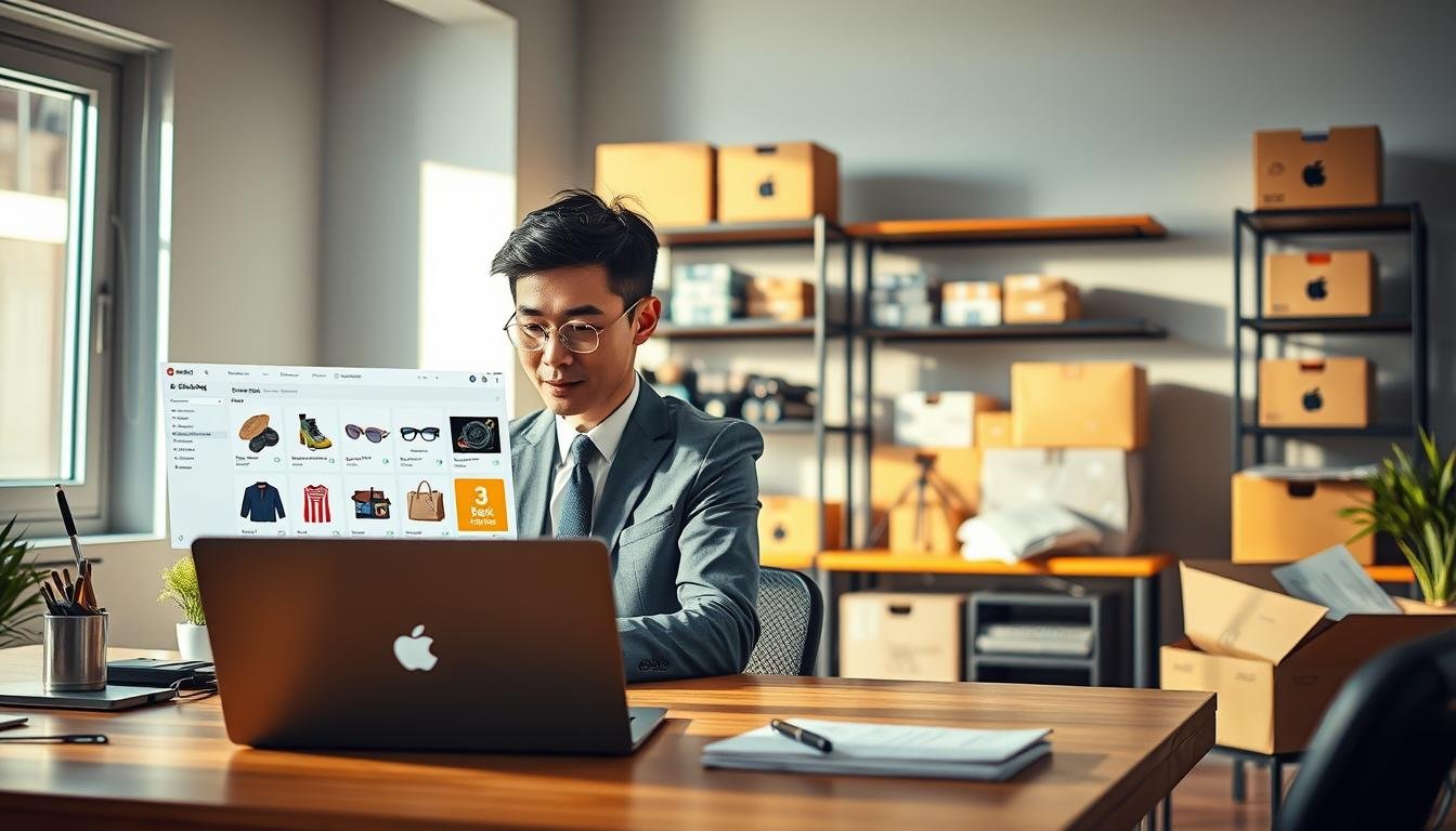 A vibrant, professional workspace scene illustrating the process of handling "美國代購" (U.S. purchasing agency) orders. In the foreground, a focused individual in business attire is engaged with a laptop, reviewing a user-friendly interface of the Smilelong platform, showcasing a sleek design with product images and payment options. In the middle, a neatly arranged desk adorned with U.S. products, such as electronics and fashion accessories, invites instant interest. The background features shelves stocked with packages ready for shipping, highlighting the logistics aspect of the business. Soft, natural lighting streams in from a nearby window, casting gentle shadows and creating a warm, inviting atmosphere. Capture the essence of a modern, efficient online shopping experience, emphasizing professionalism and accessibility.
