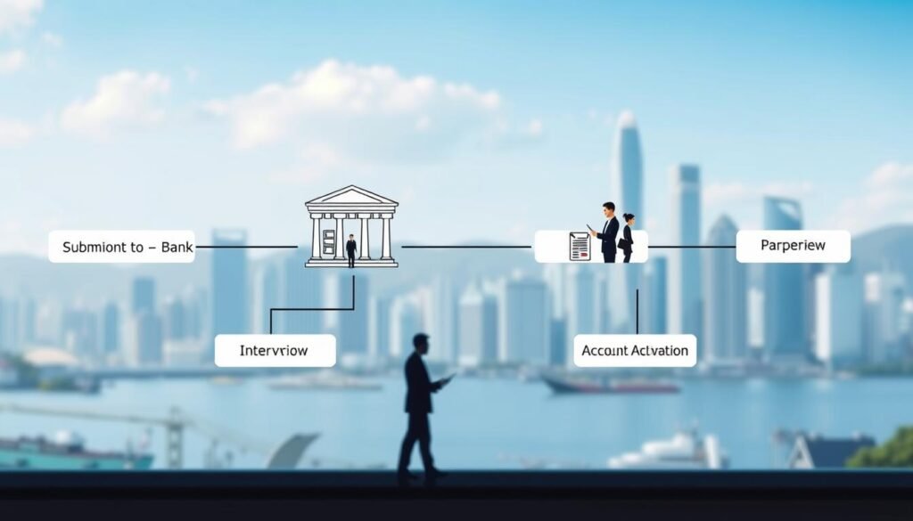 A detailed flowchart illustrating the bank account opening process for company formation in Hong Kong. In the foreground, show distinct, labeled steps such as "Document Preparation", "Submission to Bank", "Interview", "Approval Notification", and "Account Activation". In the middle ground, include icons representing documents, a bank building, and business professionals in smart attire engaged in discussion. The background can feature a stylized skyline of Hong Kong with a blue sky and soft clouds to set a professional atmosphere. Use clear, soft lighting to enhance readability of the flowchart. The overall mood should be informative and organized, suitable for a business article. A detailed flowchart illustrating the bank account opening process for company formation in Hong Kong. In the foreground, show distinct, labeled steps such as "Document Preparation", "Submission to Bank", "Interview", "Approval Notification", and "Account Activation". In the middle ground, include icons representing documents, a bank building, and business professionals in smart attire engaged in discussion. The background can feature a stylized skyline of Hong Kong with a blue sky and soft clouds to set a professional atmosphere. Use clear, soft lighting to enhance readability of the flowchart. The overall mood should be informative and organized, suitable for a business article.