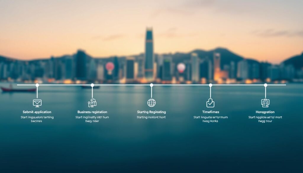 A detailed flowchart illustrating the steps involved in starting a company in Hong Kong, with a professional and modern design. In the foreground, various icons symbolize key steps: submitting application, business registration, and timeframes. The middle section includes clear and organized arrows connecting each step, representing progression and clarity. In the background, a subtle skyline of Hong Kong's iconic buildings, softly lit to enhance the professional atmosphere. Ensure the colors are vibrant yet professional, with a well-balanced contrast. The mood should evoke a sense of efficiency and comprehension, conveying the essence of entrepreneurship in Hong Kong without any text or distracting elements. A detailed flowchart illustrating the steps involved in starting a company in Hong Kong, with a professional and modern design. In the foreground, various icons symbolize key steps: submitting application, business registration, and timeframes. The middle section includes clear and organized arrows connecting each step, representing progression and clarity. In the background, a subtle skyline of Hong Kong's iconic buildings, softly lit to enhance the professional atmosphere. Ensure the colors are vibrant yet professional, with a well-balanced contrast. The mood should evoke a sense of efficiency and comprehension, conveying the essence of entrepreneurship in Hong Kong without any text or distracting elements.
