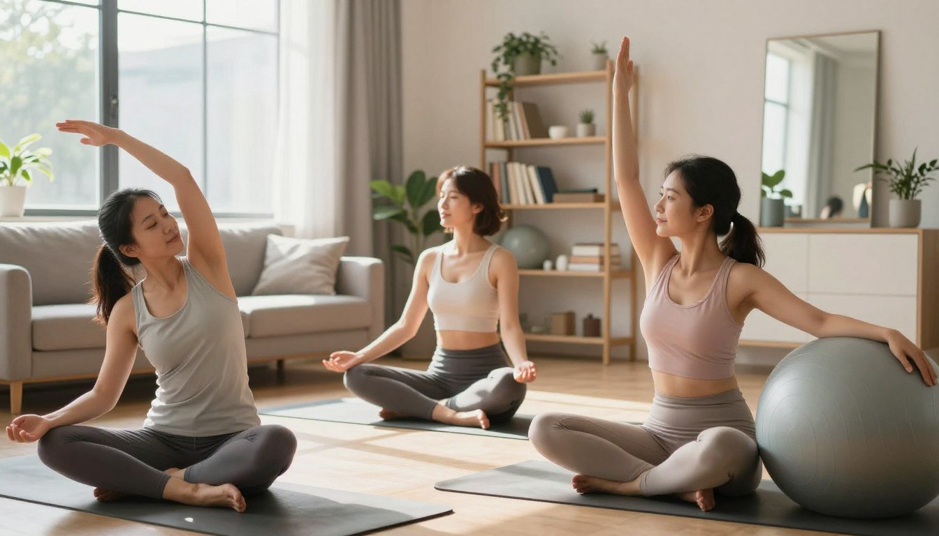A well-lit, serene setting in a modern living room. In the foreground, a diverse group of three women, dressed in modest casual clothing, engage in a yoga session, demonstrating exercises aimed at maintaining breast health and posture. One woman is performing a stretch, another is in a seated pose with perfect posture, and the third is using a stability ball. In the middle, a gentle sunlight streams in through large windows, casting soft shadows, enhancing the atmosphere of peace and wellness. In the background, a shelf with health and fitness books, plants, and a mirror reflects the positive ambiance of the scene. The focus is on promoting healthy habits and suggesting preventative measures against sagging, with a soft color palette that conveys calmness and positivity.