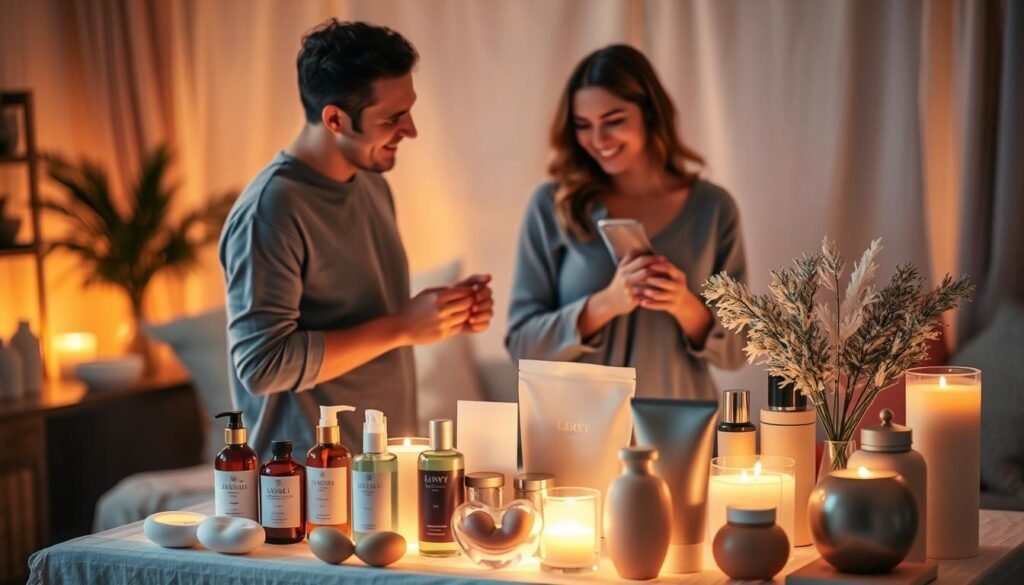 A beautifully arranged display of various intimate products designed for couples, showcasing a variety of styles and colors. In the foreground, a couple is engaging in an interactive experience, both dressed in modest casual clothing, smiling and enjoying each other's company. The middle ground features a soft, tastefully illuminated table filled with an assortment of items such as massage oils, aromatic candles, and elegantly designed products, all aesthetically arranged to evoke a sense of intimacy and connection. The background is a cozy, warmly lit room, with soft textures and soothing decor that enhances the atmosphere of closeness and warmth. Use soft, diffused lighting to create an inviting mood, captured with a shallow depth of field to keep the couple and products in focus while softly blurring the surroundings. The overall ambiance should feel nurturing and romantic without being explicit.
