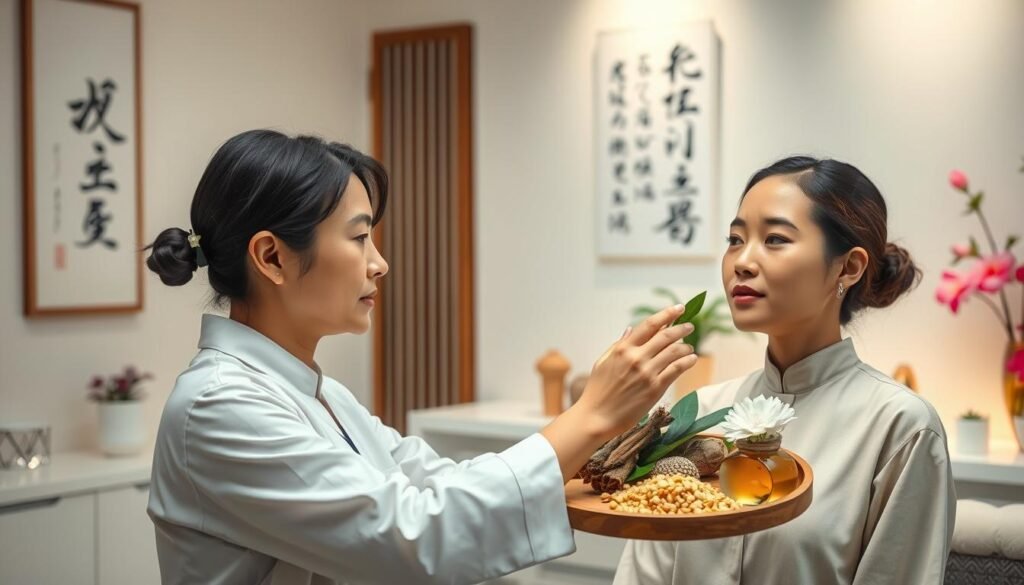 A harmonious blend of traditional Chinese medicine and modern skincare, featuring a serene clinic setting. In the foreground, a skilled practitioner, dressed in professional, modest attire, is gently examining the skin of a client, who has a calm expression and is wearing a simple, comfortable shirt. In the middle, a beautifully arranged display of natural herbal remedies, such as ginseng and chrysanthemum, is prominently featured, symbolizing the holistic approach to rosacea treatment. The background showcases soft lighting that creates a warm, inviting atmosphere, with delicate elements like calligraphy on the wall and potted plants enhancing the tranquility. The scene reflects a sense of care, expertise, and the traditional healing practices of Chinese medicine, emphasizing everyday skincare and prevention for rosacea.