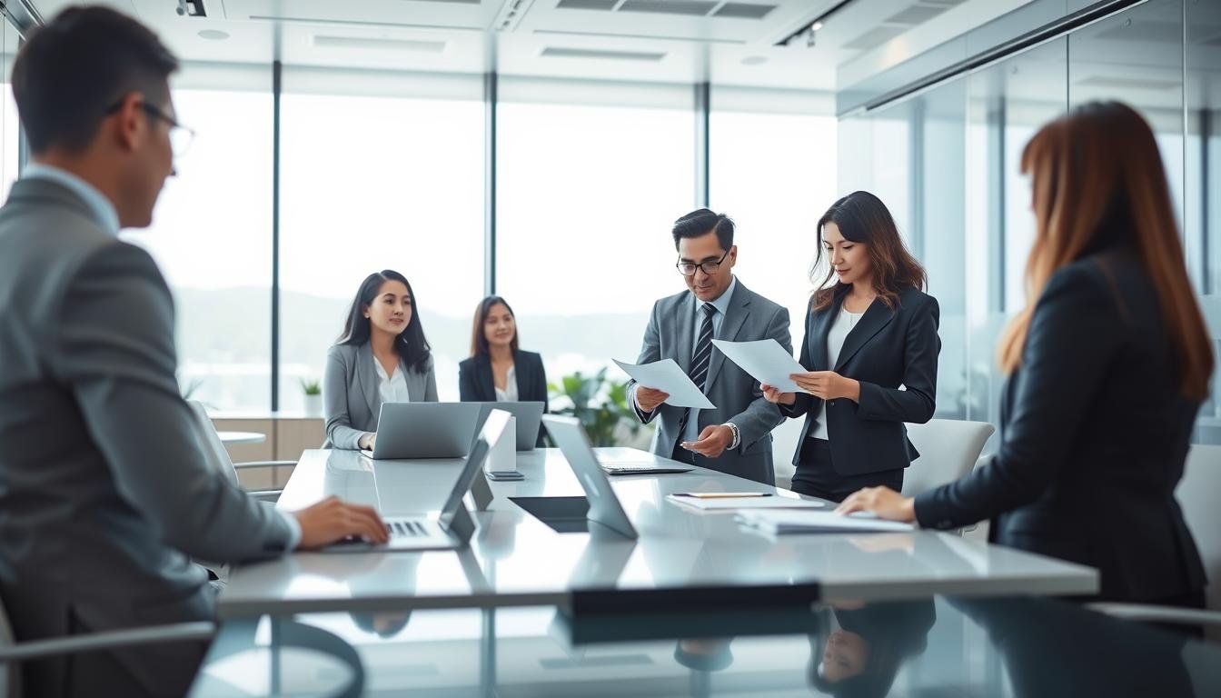 A professional and sophisticated scene illustrating the application process for Jinghong Group's new capital investment program. In the foreground, show a diverse group of four individuals in professional business attire engaged in a discussion, exchanging documents and ideas. In the middle ground, include a sleek conference table with laptops and papers neatly arranged, symbolizing organization and collaboration. The background should feature a modern office environment with large windows, allowing natural light to fill the space, creating a bright and welcoming atmosphere. Use a wide-angle perspective to emphasize the teamwork aspect, and incorporate subtle soft lighting to enhance the mood of professionalism and optimism.